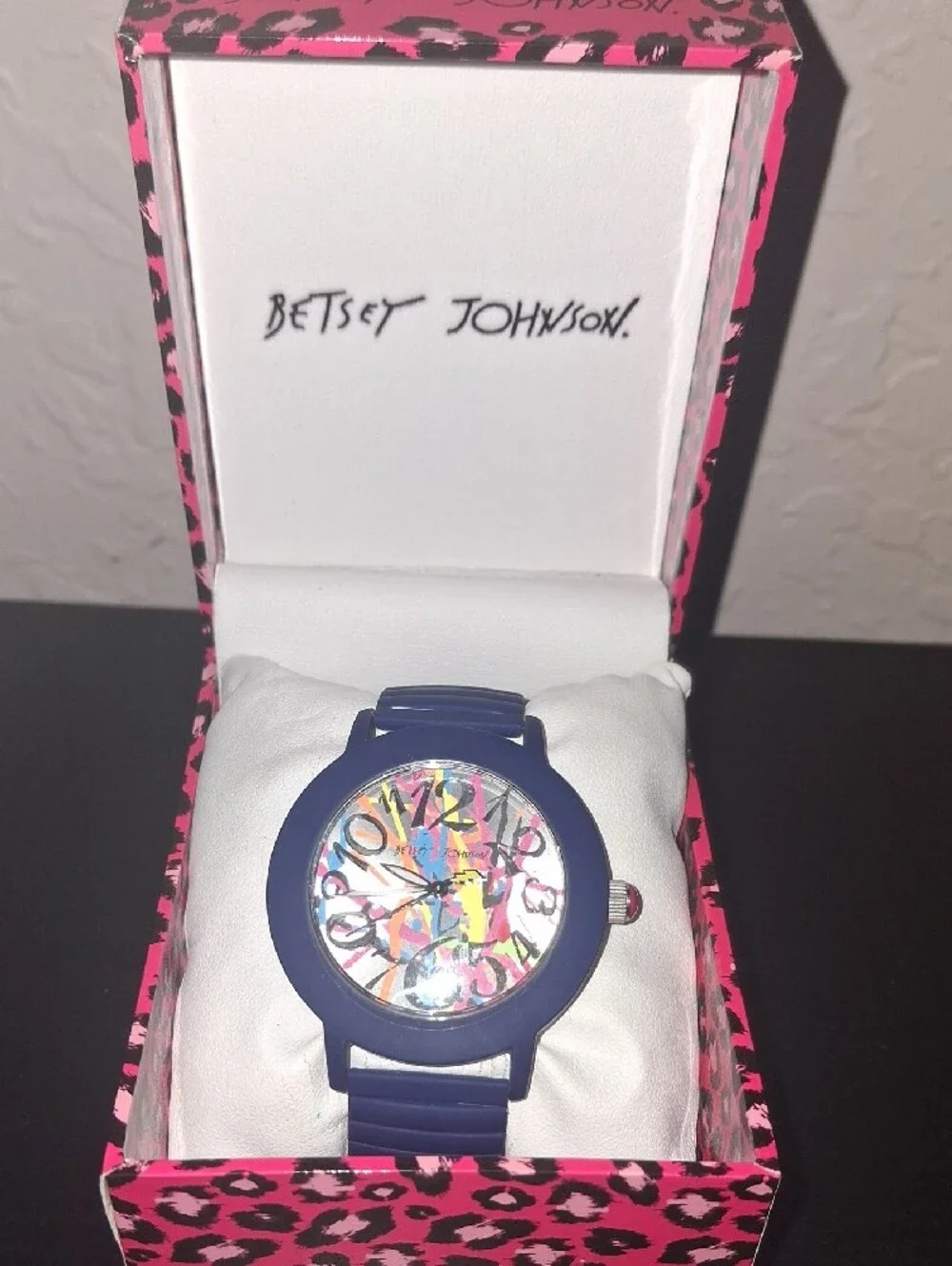 Betsey Johnson Navy Blue Silicone Watch with Multicolor Abstract Dial